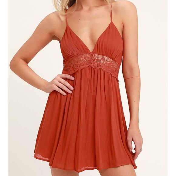 Lulus Crochet Back Boho Dress – Women’s Small Rust Orange Halter Mini - Picture 1 of 8